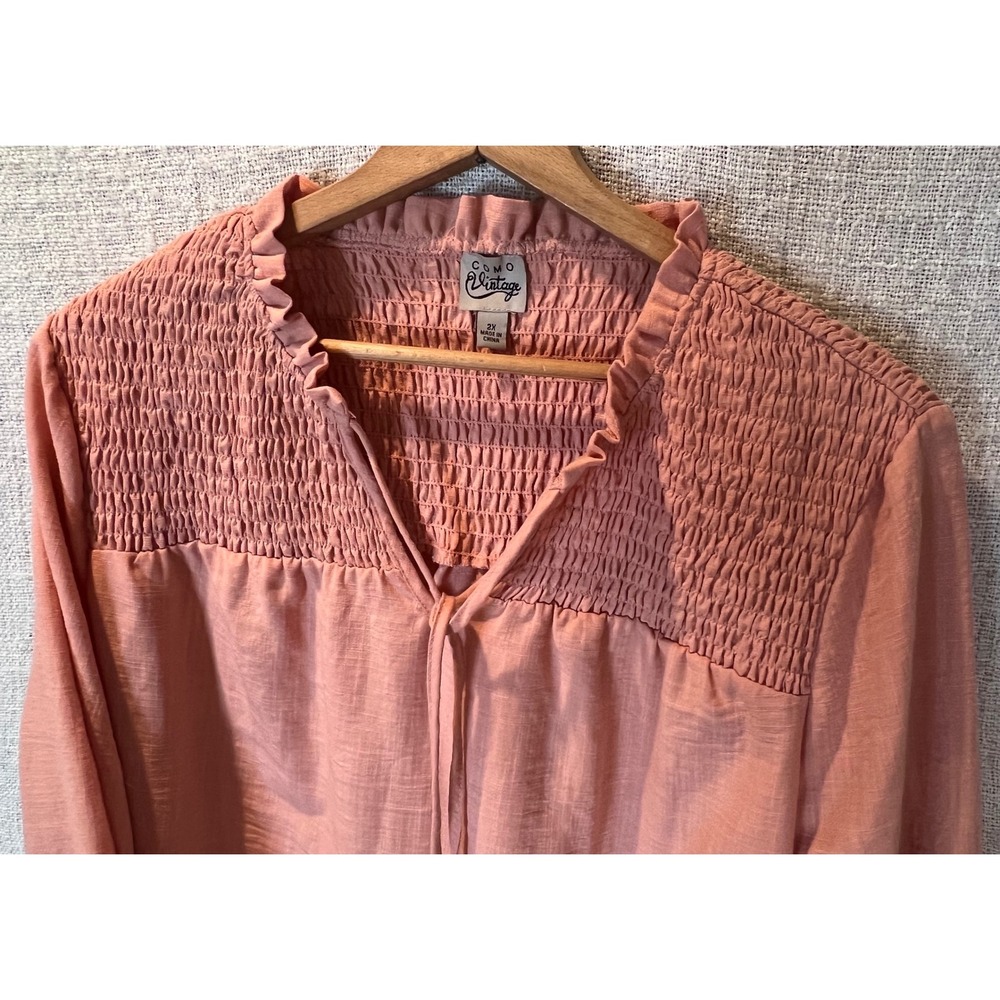 Como Vintage Women's Pink Smocked Ruffle Long Sleeve Blouse 2XL M2U084TSC